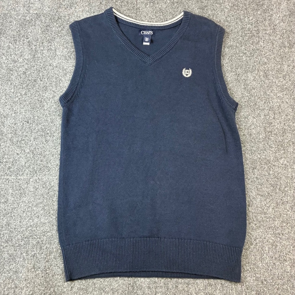 Chaps Boys Navy Blue V-Neck Sweater Vest XL 18-20 Embroidered Crest Preppy Layer
